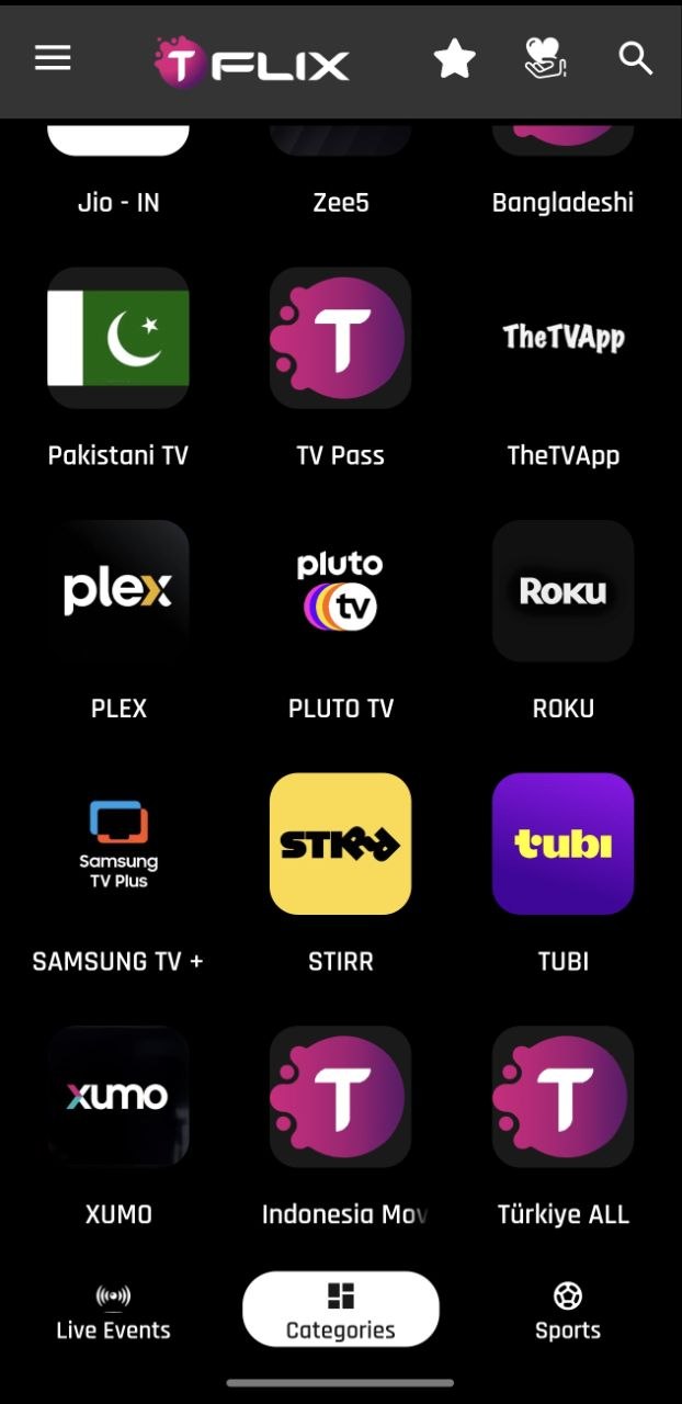 TFLIX app category browsing screen