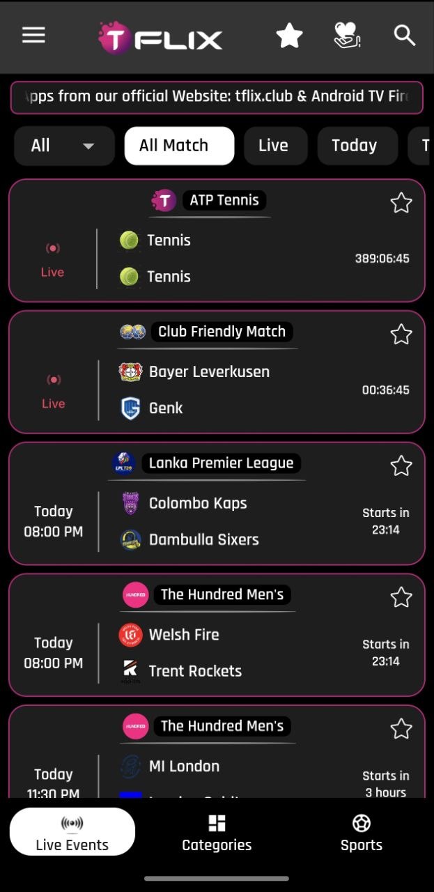 TFLIX Live Events screen with match filters and fixtures