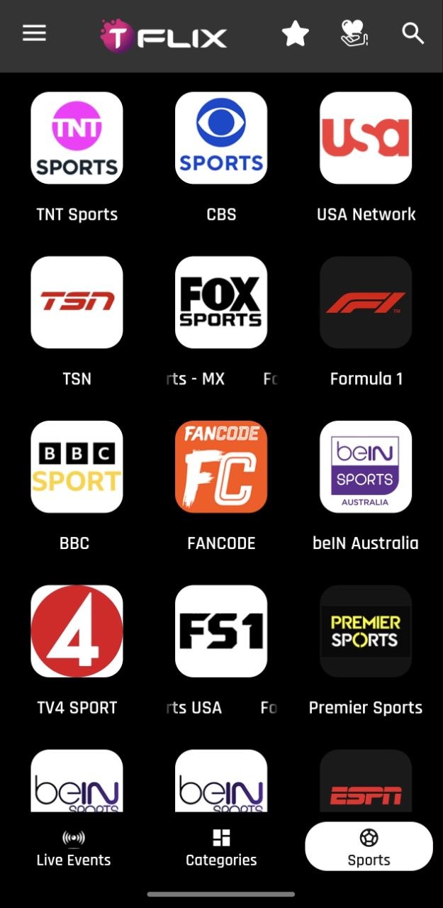 TFLIX app sports selection screen